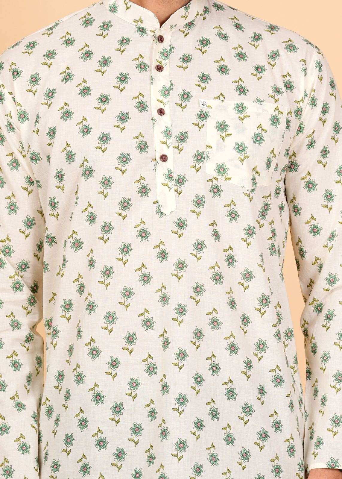 White Green Motif/booti Printed Short Kurta For Men