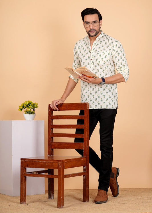 White Green Motif/booti Printed Short Kurta For Men