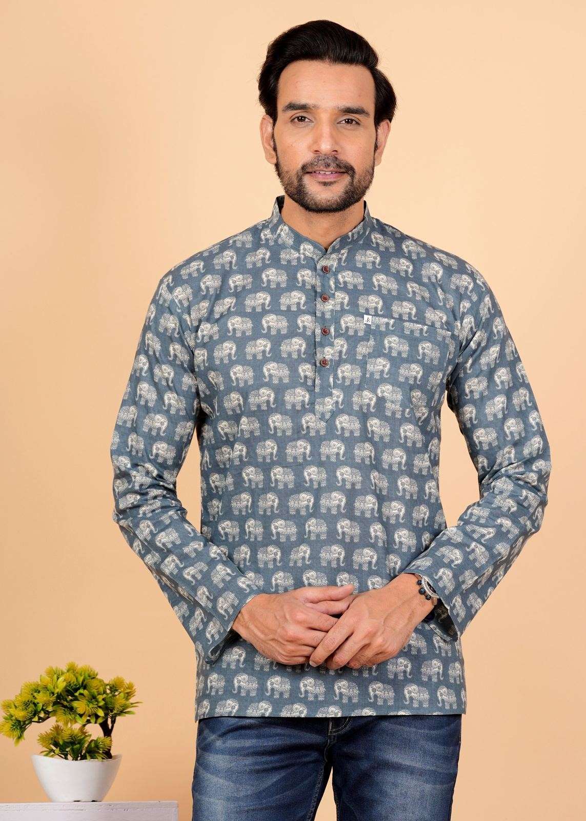 White Elephant Sanganeri Printed Short Kurta For Men