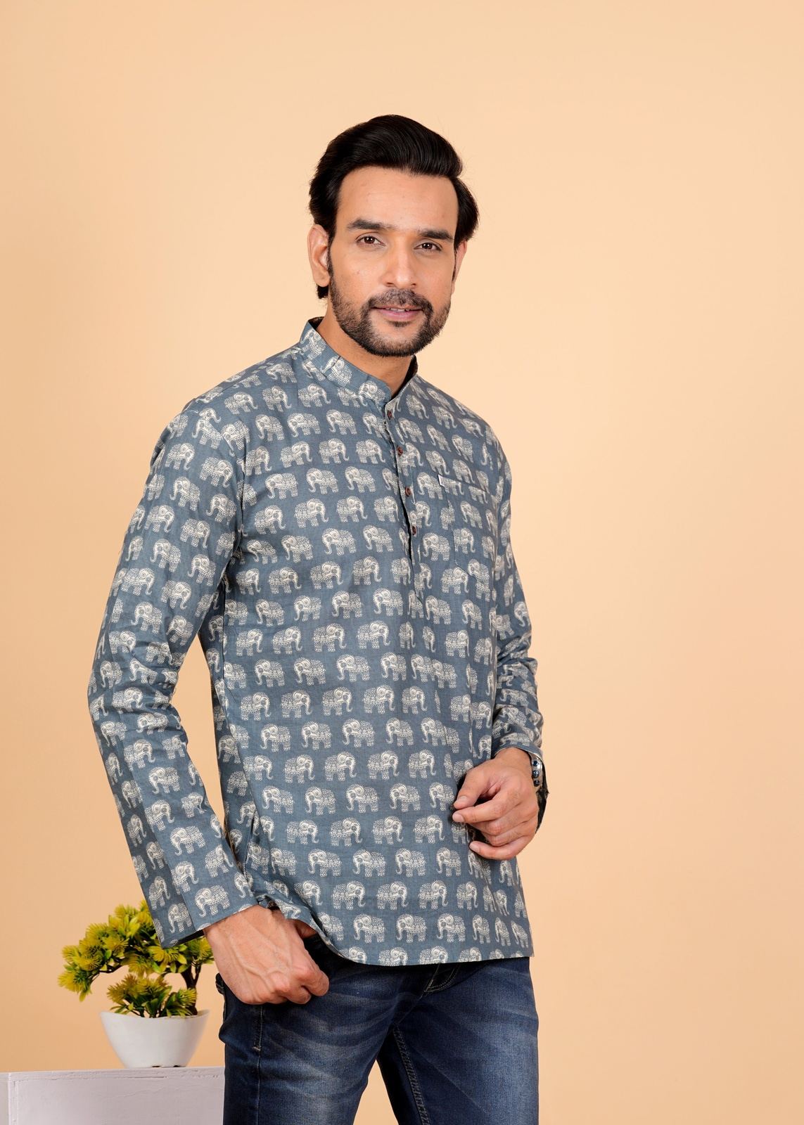 White Elephant Sanganeri Printed Short Kurta For Men