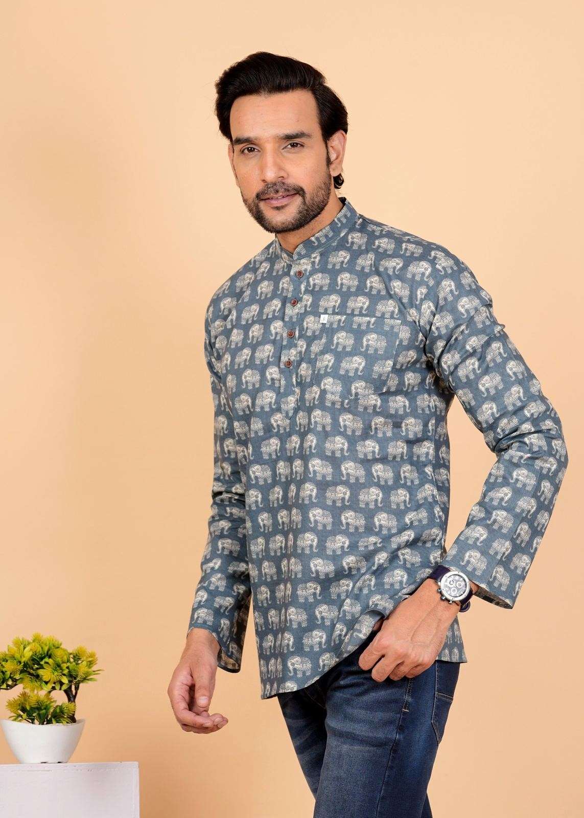 White Elephant Sanganeri Printed Short Kurta For Men