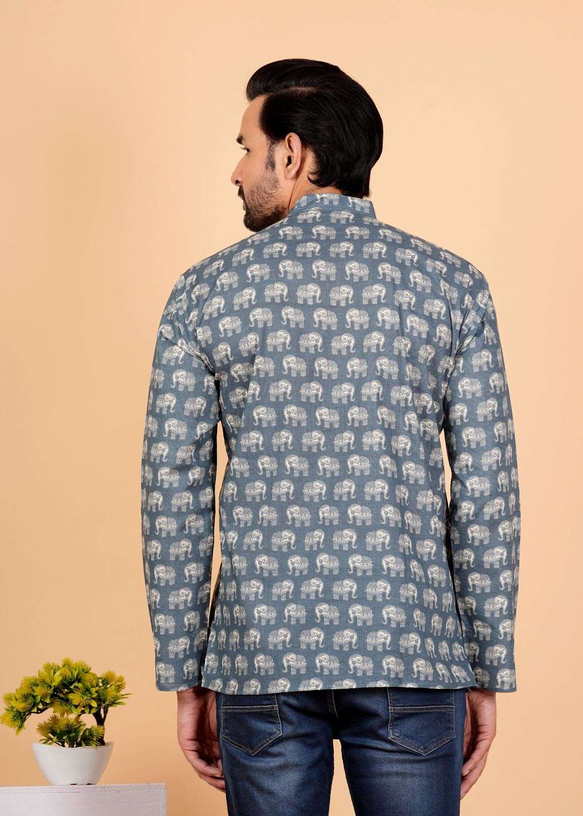 White Elephant Sanganeri Printed Short Kurta For Men