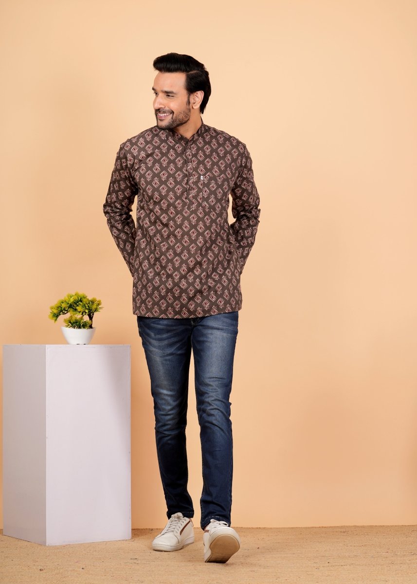 Coffee Brown Block Printed Short Kurta For Men