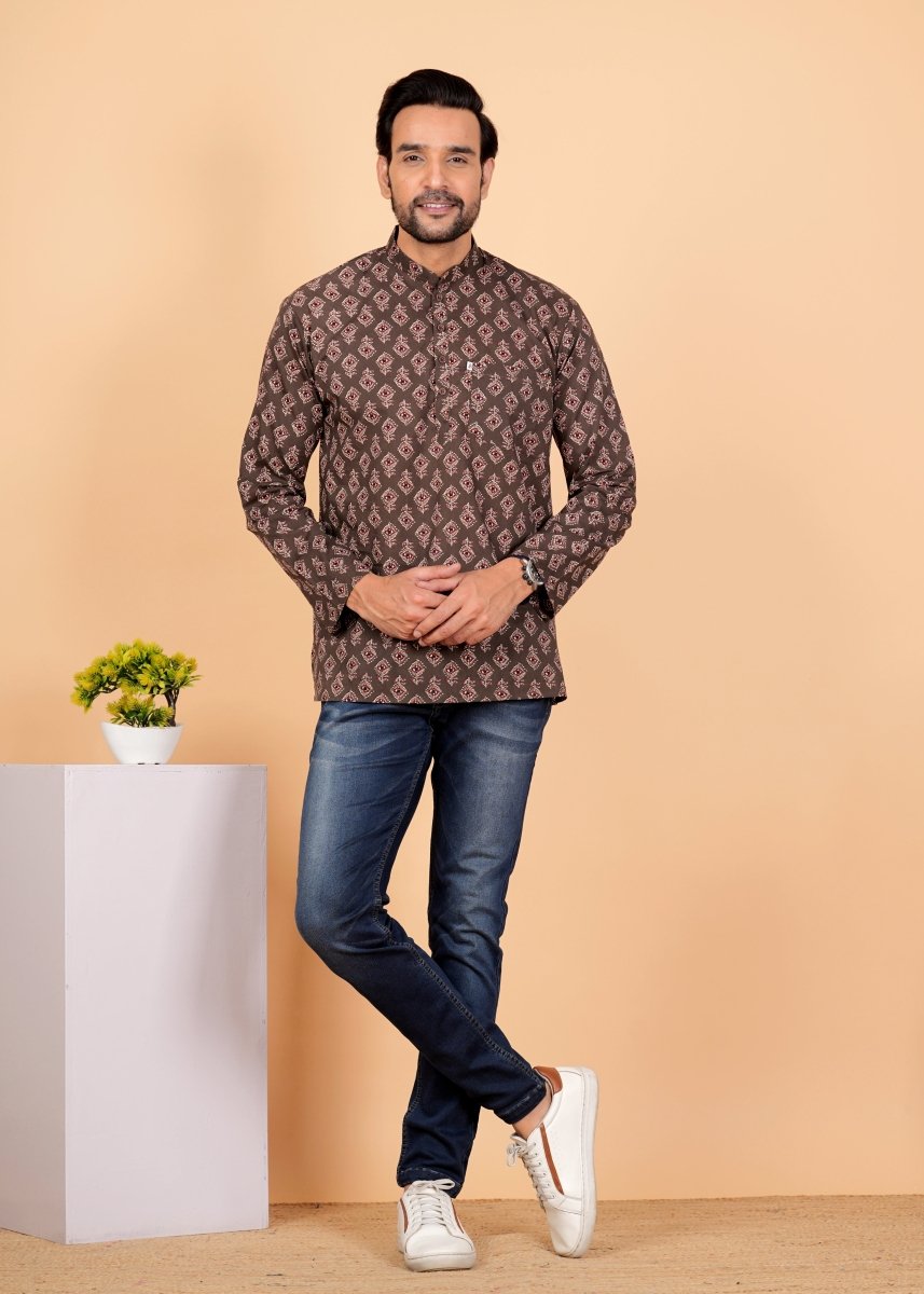 Coffee Brown Block Printed Short Kurta For Men