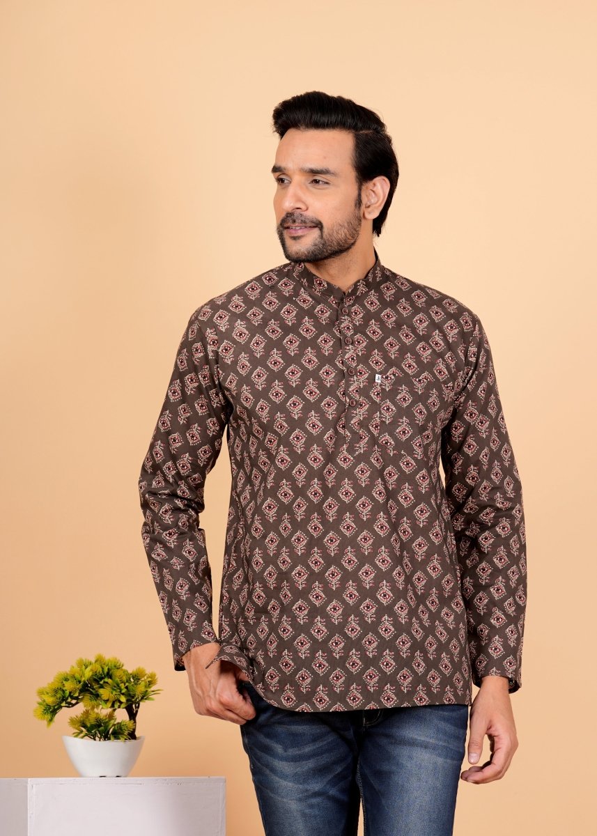 Coffee Brown Block Printed Short Kurta For Men