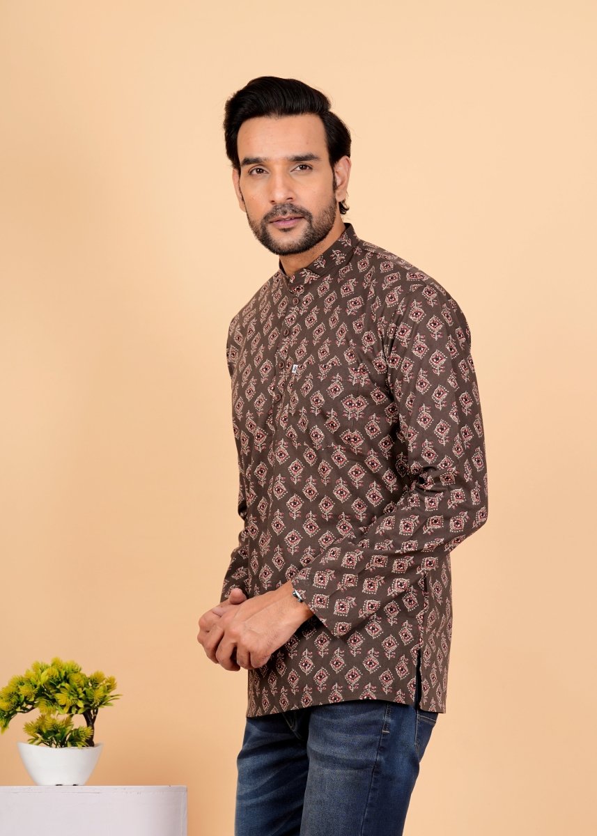 Coffee Brown Block Printed Short Kurta For Men