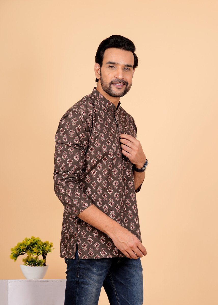 Coffee Brown Block Printed Short Kurta For Men