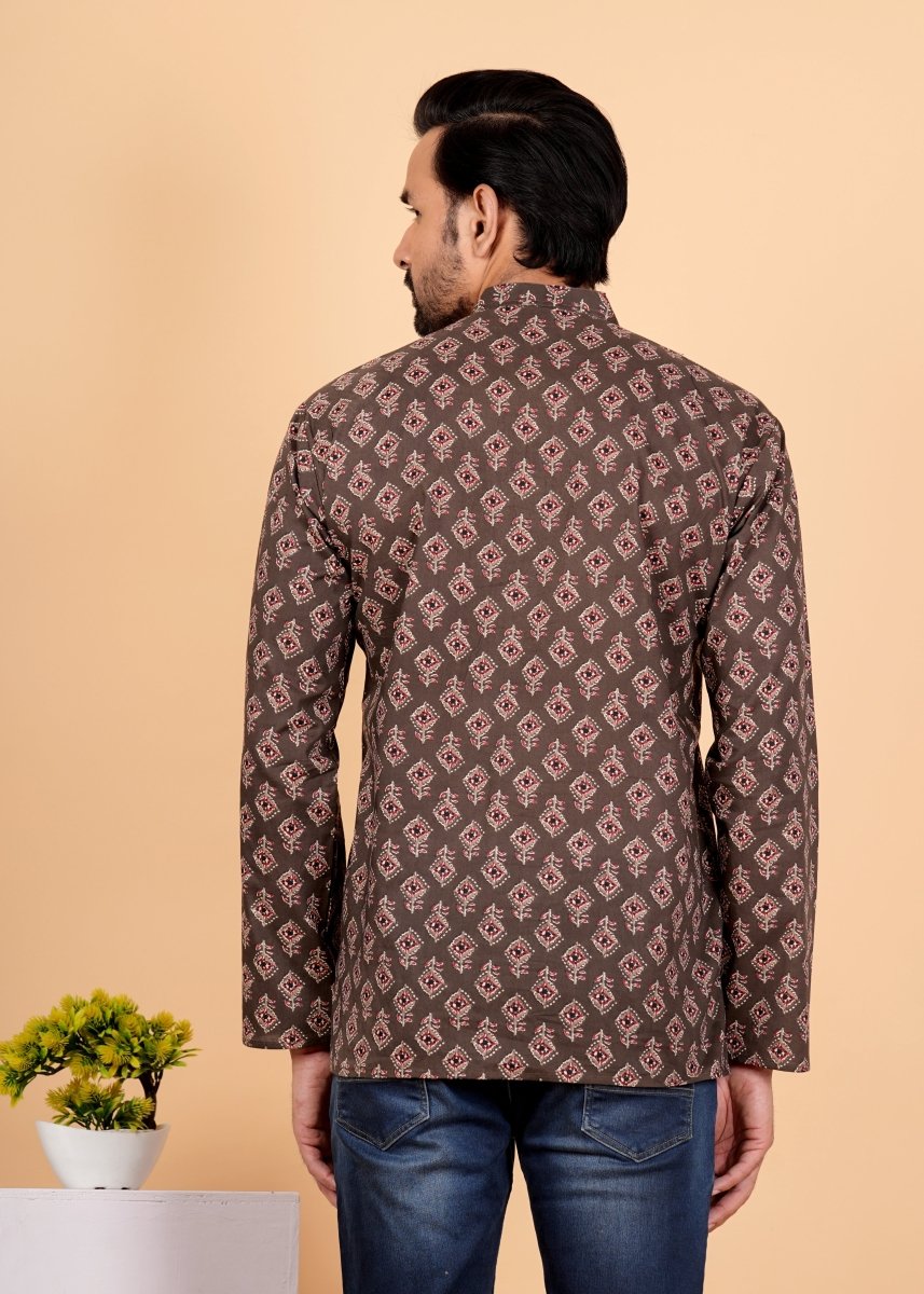 Coffee Brown Block Printed Short Kurta For Men