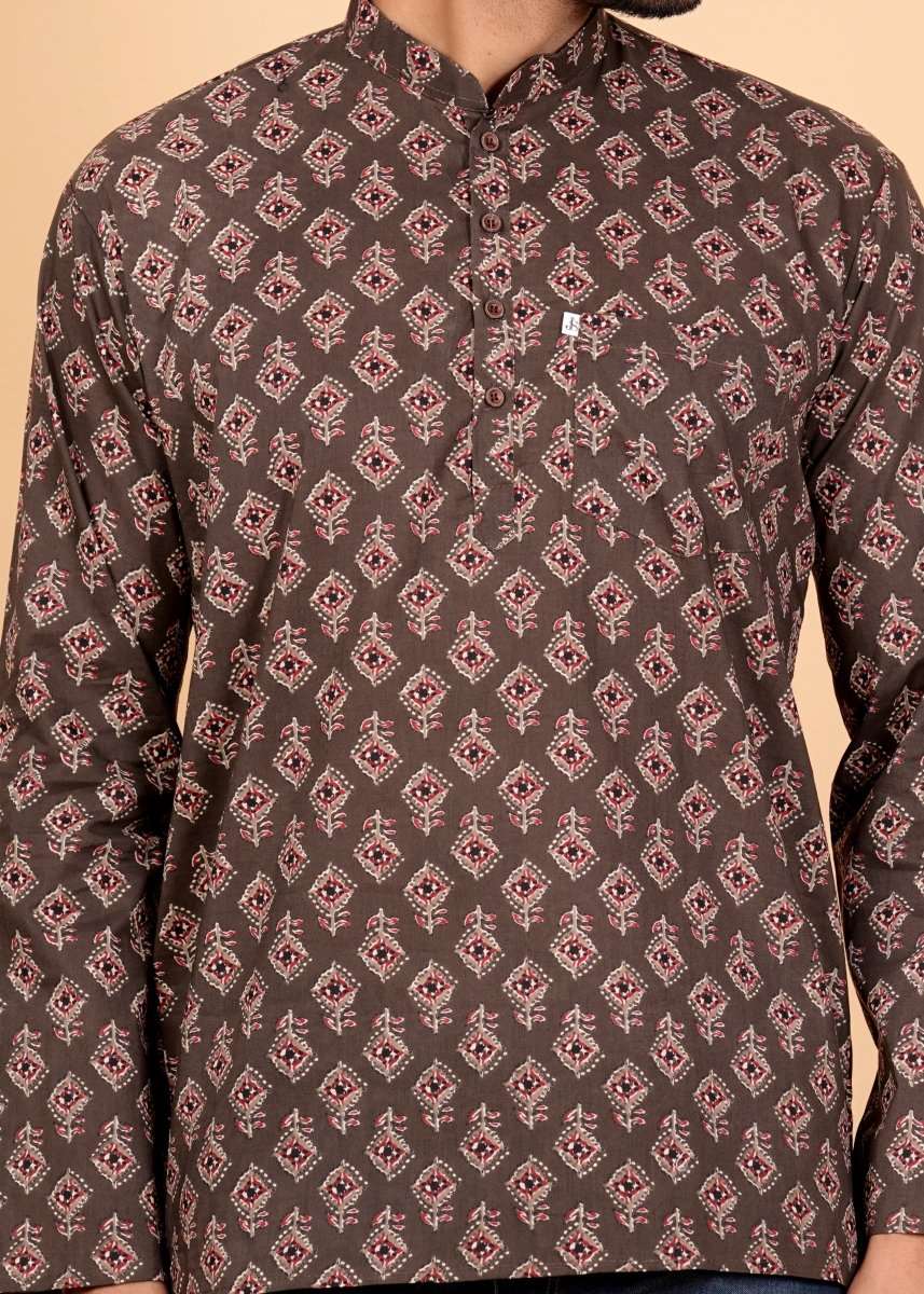 Coffee Brown Block Printed Short Kurta For Men