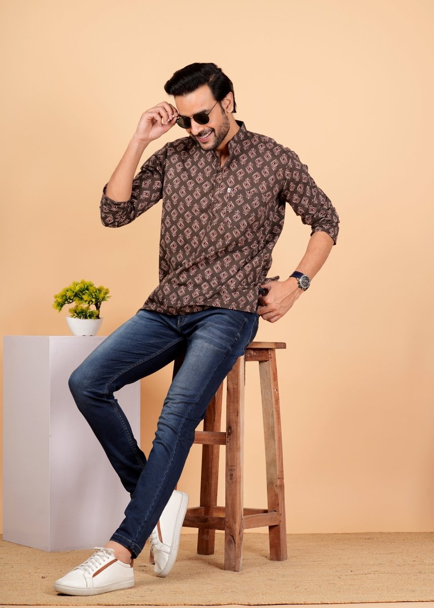 Coffee Brown Block Printed Short Kurta For Men