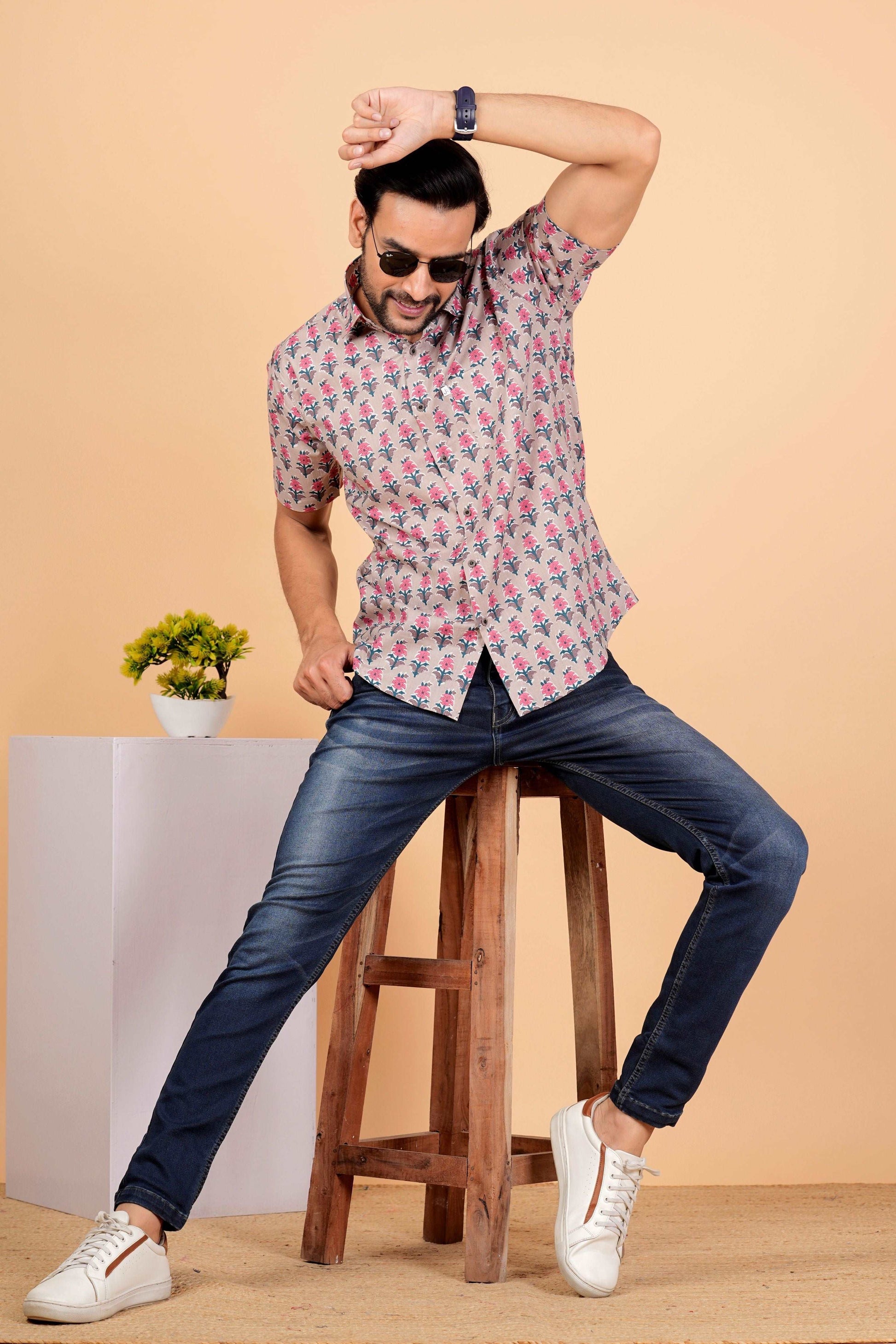 Cotton Half Sleeves Block Printed Shirts for Men's