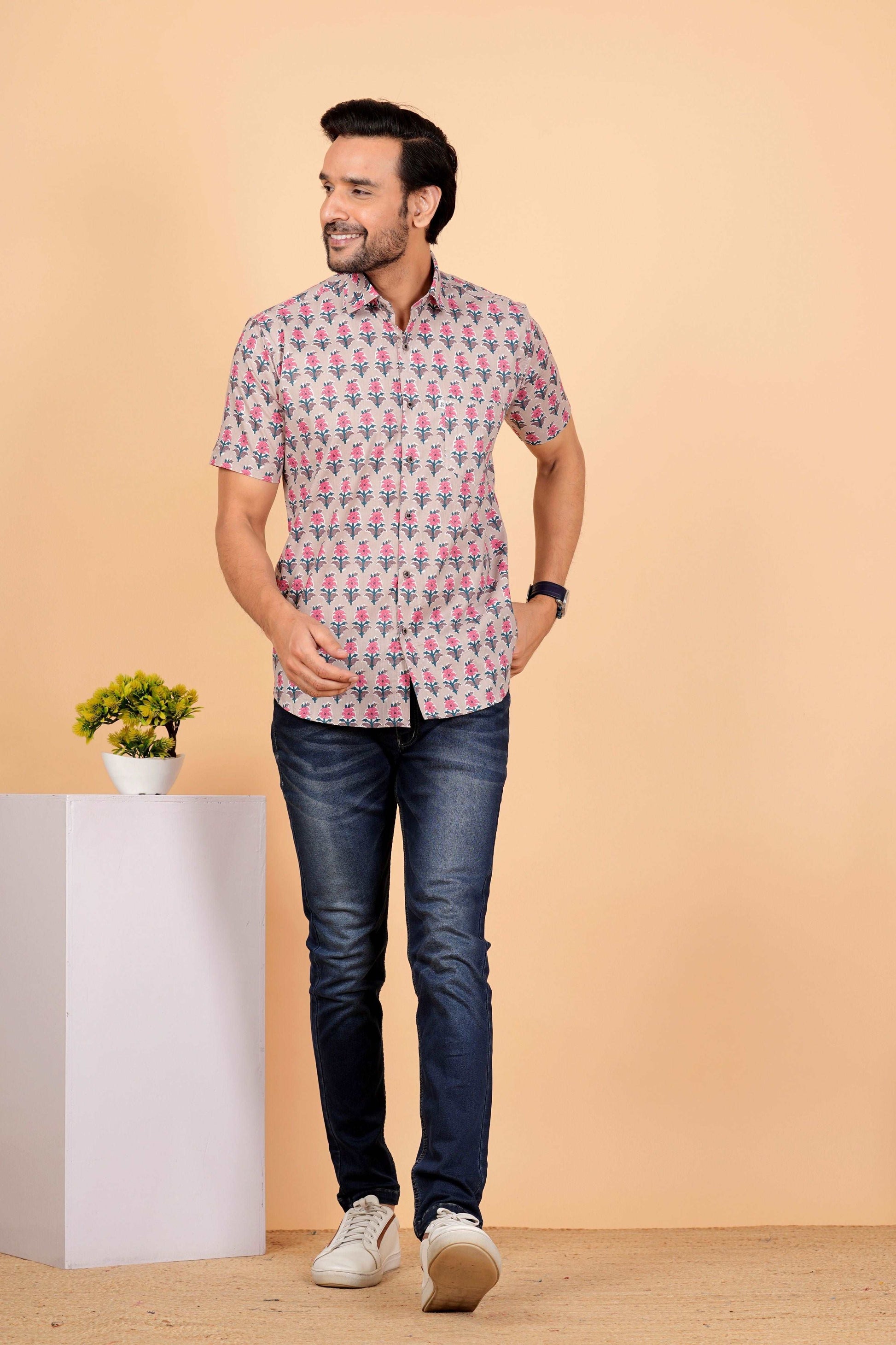 Cotton Half Sleeves Block Printed Shirts for Men's