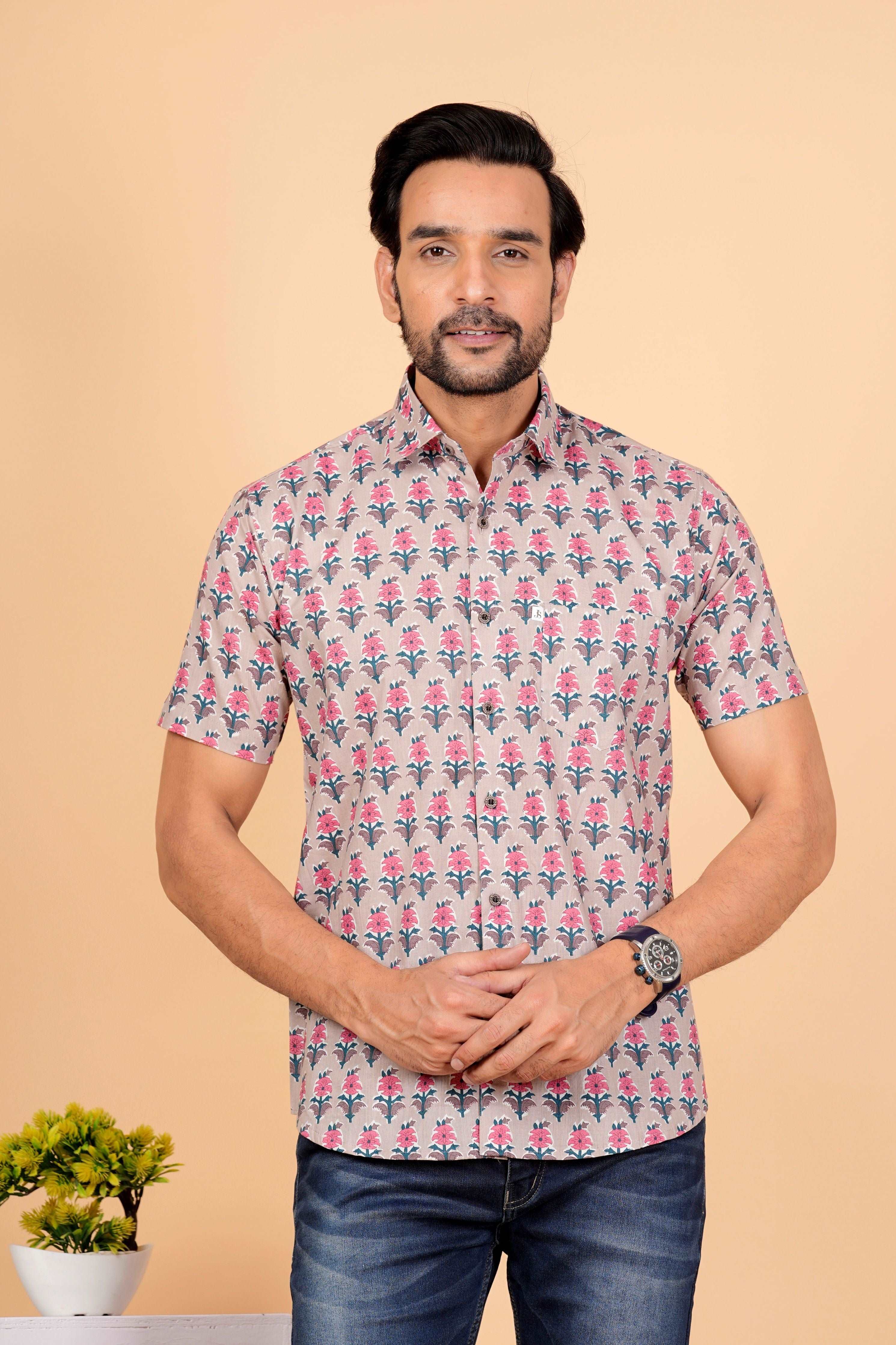 Cotton Half Sleeves Block Printed Shirts for Men's