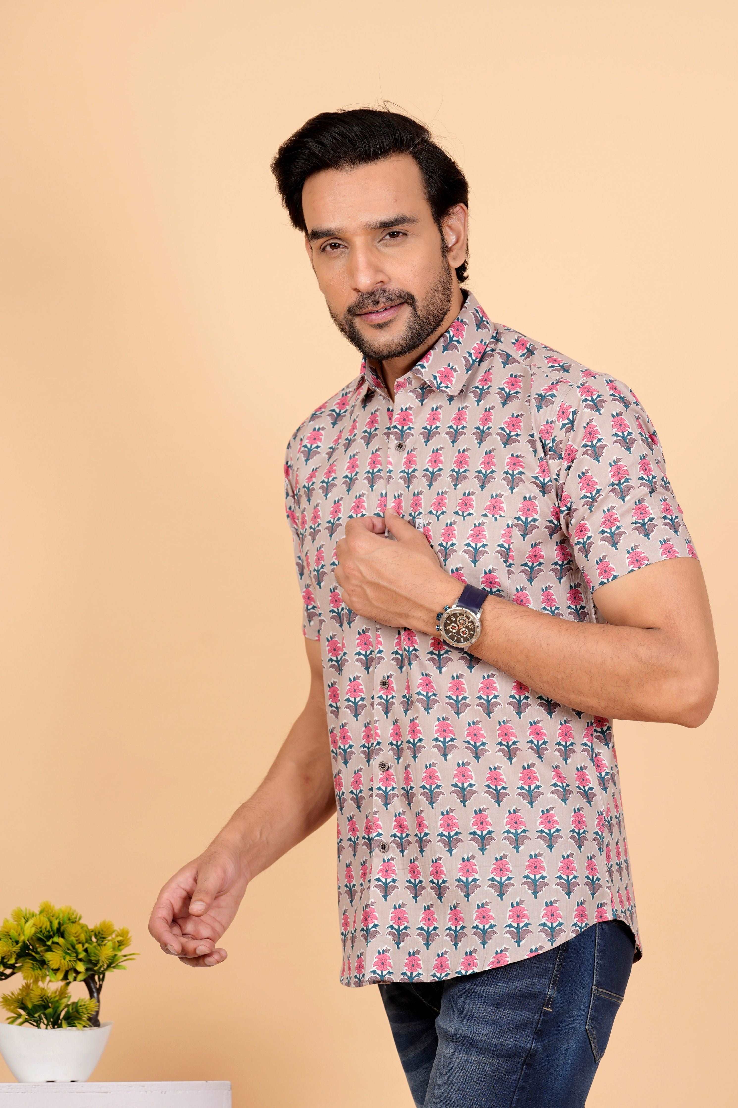 Cotton Half Sleeves Block Printed Shirts for Men's