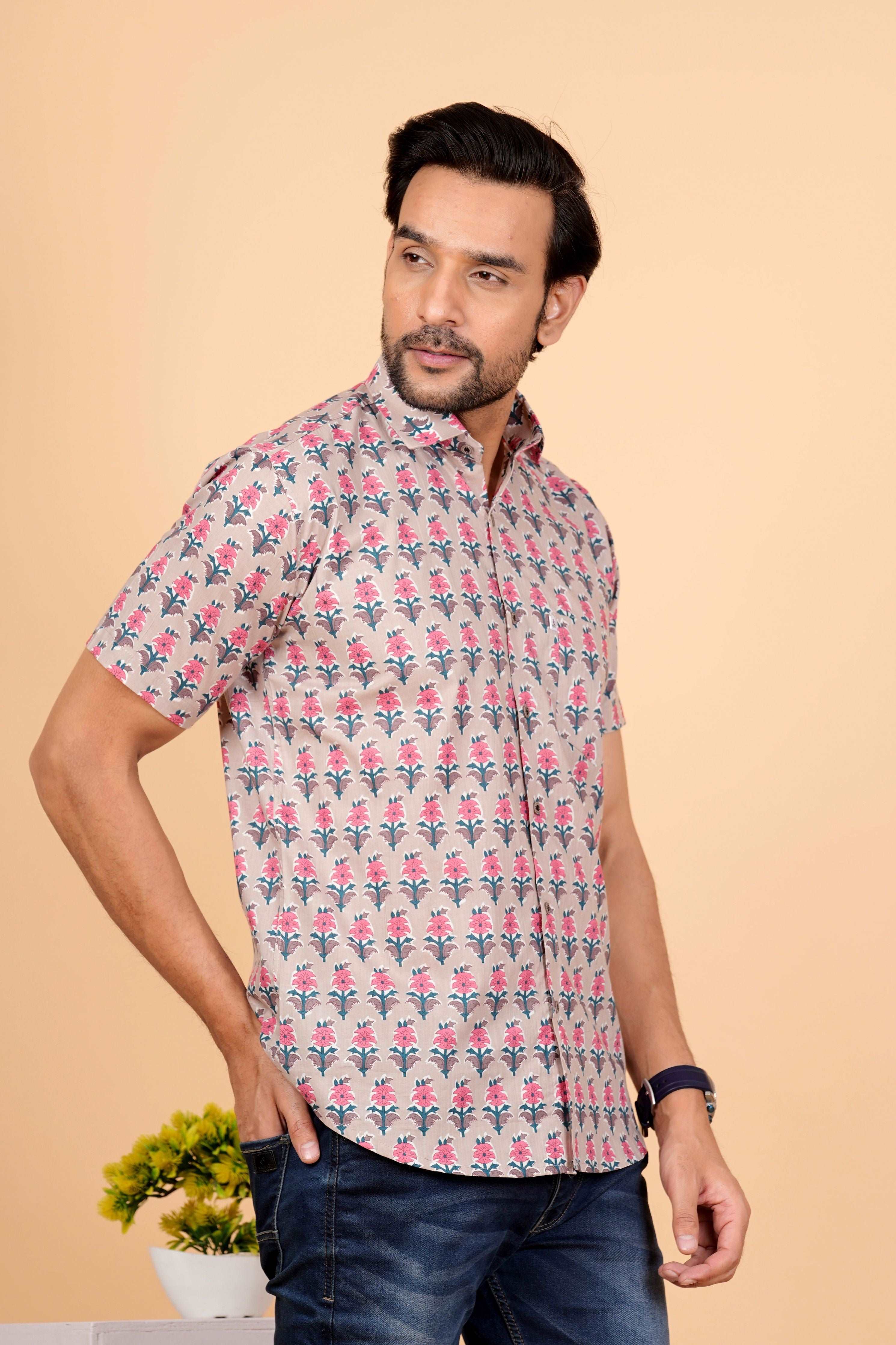 Cotton Half Sleeves Block Printed Shirts for Men's