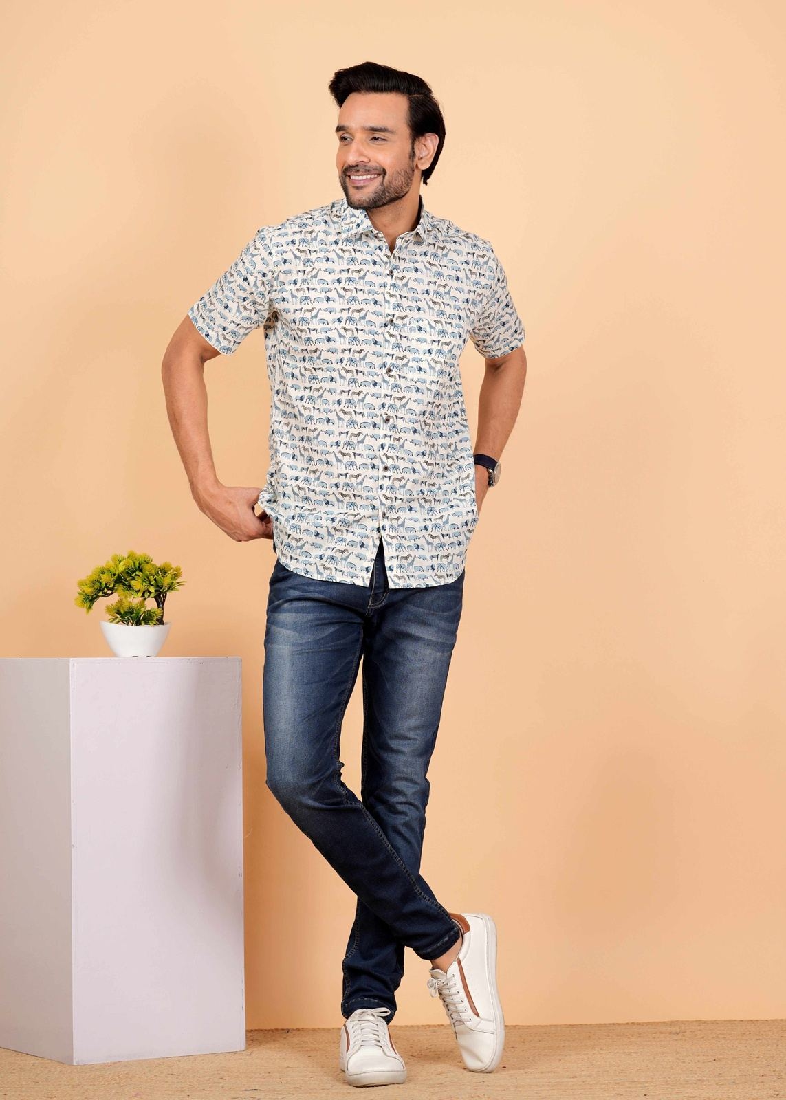 White and Blue Animal Printed Half Sleeves Shirts For Men