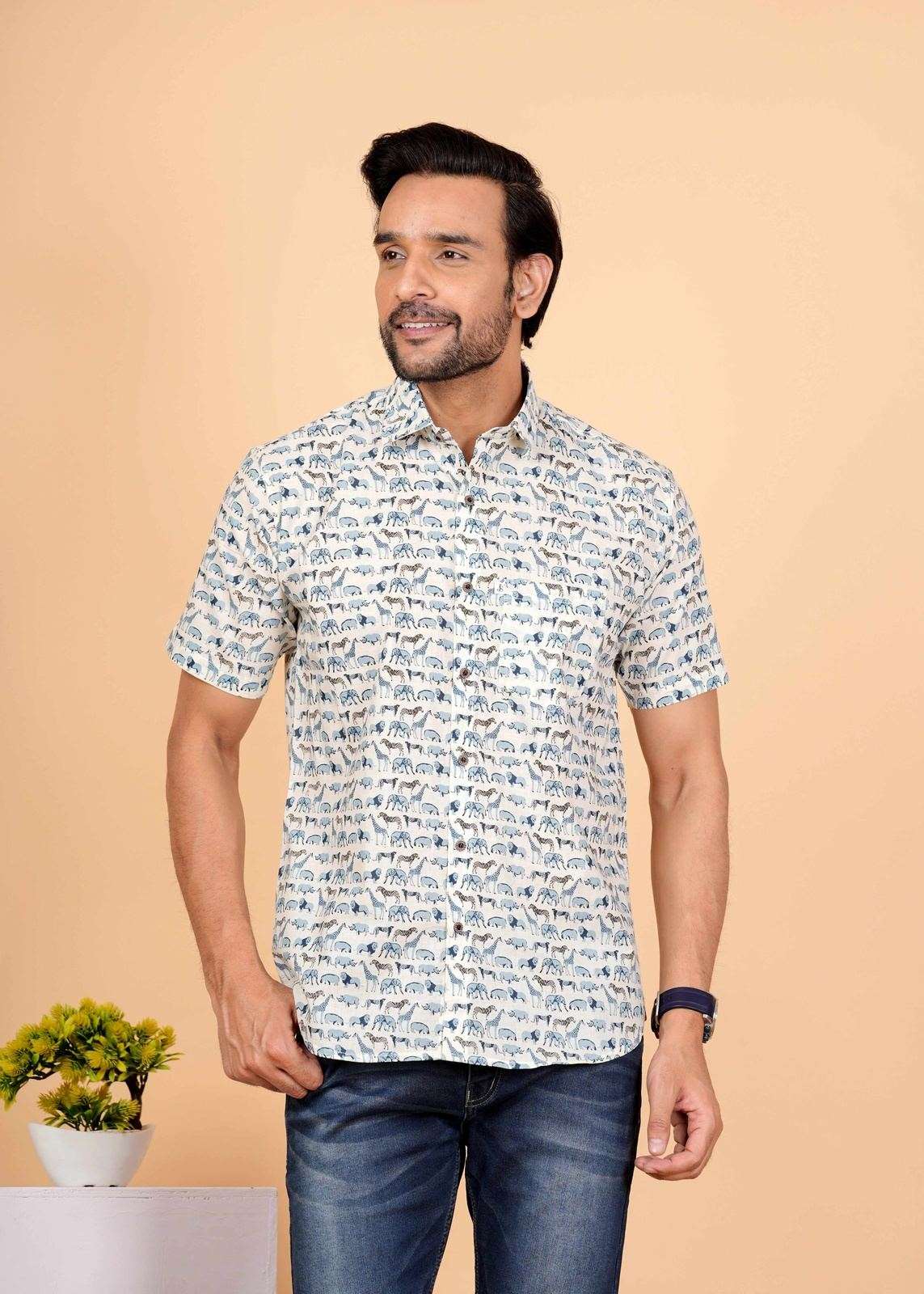 White and Blue Animal Printed Half Sleeves Shirts For Men