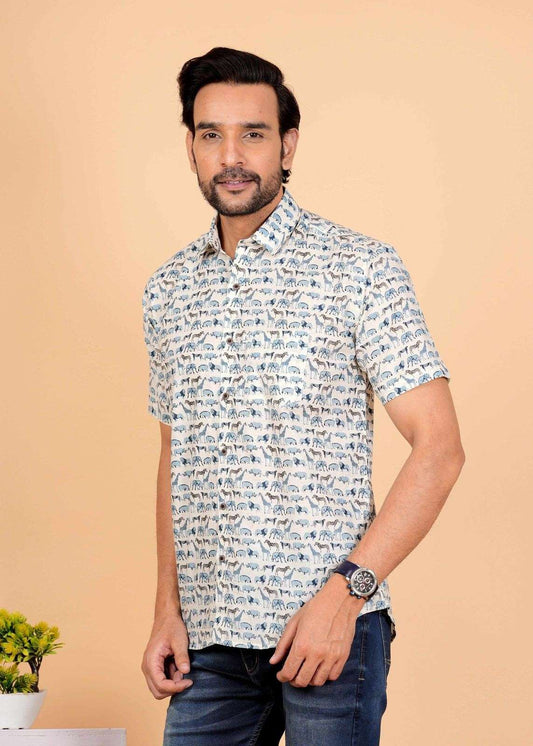 White and Blue Animal Printed Half Sleeves Shirts For Men