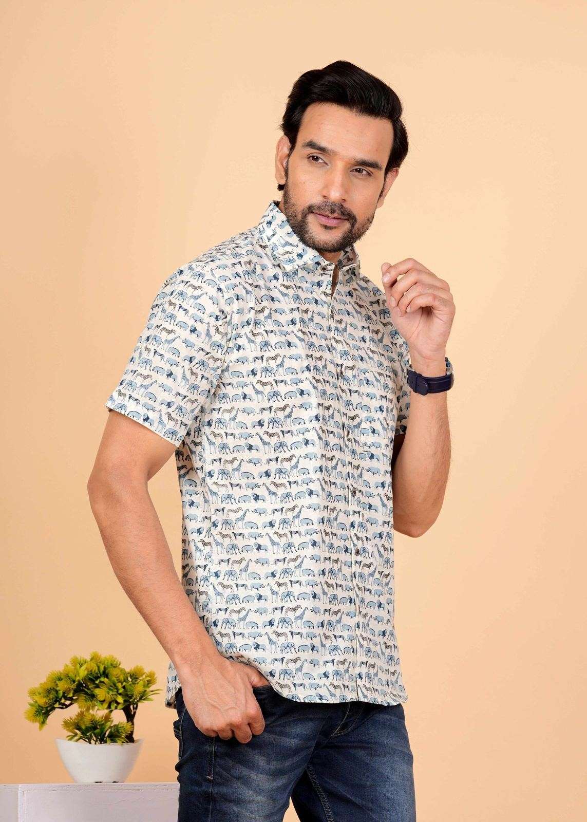 White and Blue Animal Printed Half Sleeves Shirts For Men