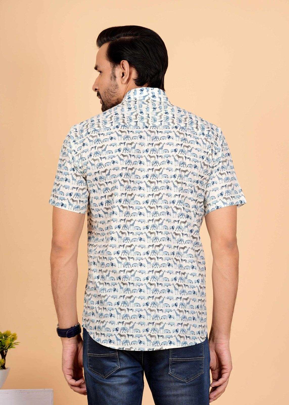 White and Blue Animal Printed Half Sleeves Shirts For Men