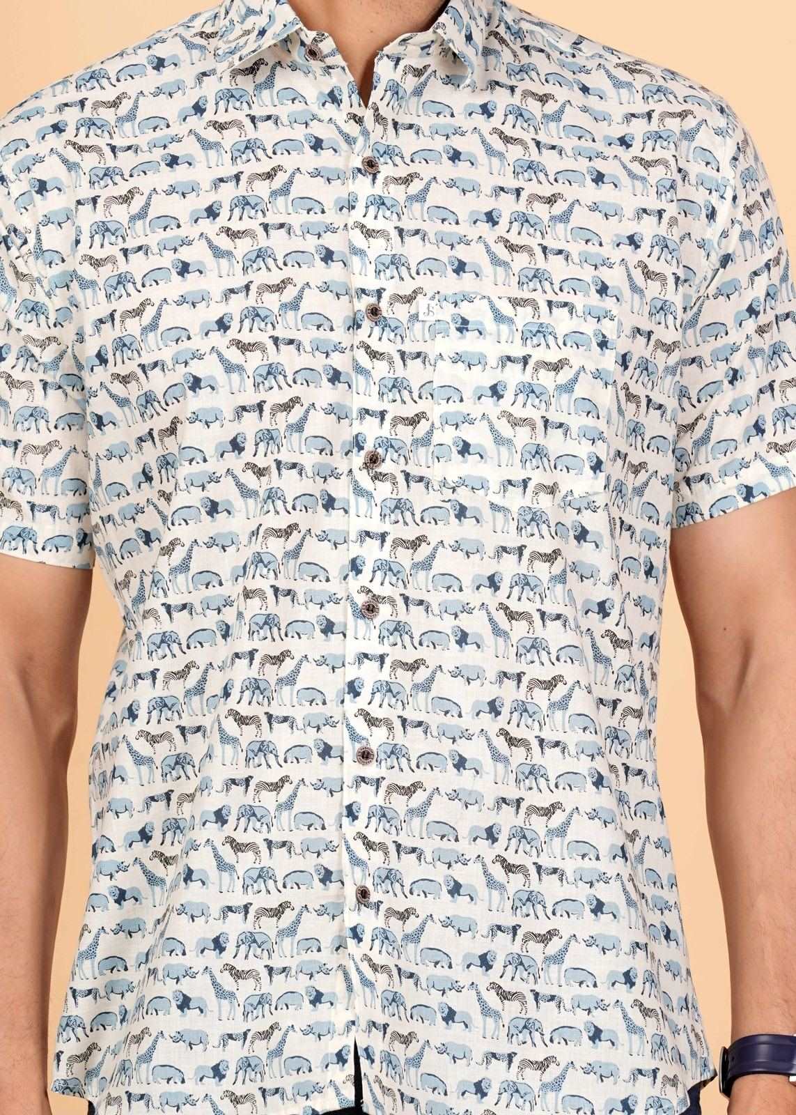 White and Blue Animal Printed Half Sleeves Shirts For Men