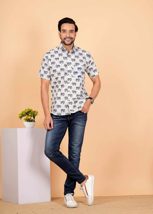 White and Blue Elephant Printed Half Sleeves Cotton Shirt for Men