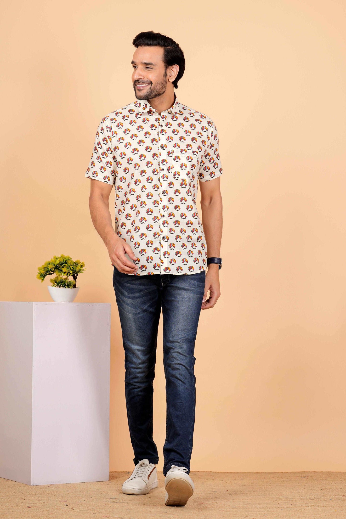 Multi Color Pagdi Printed White Half Sleeves shirt for Men