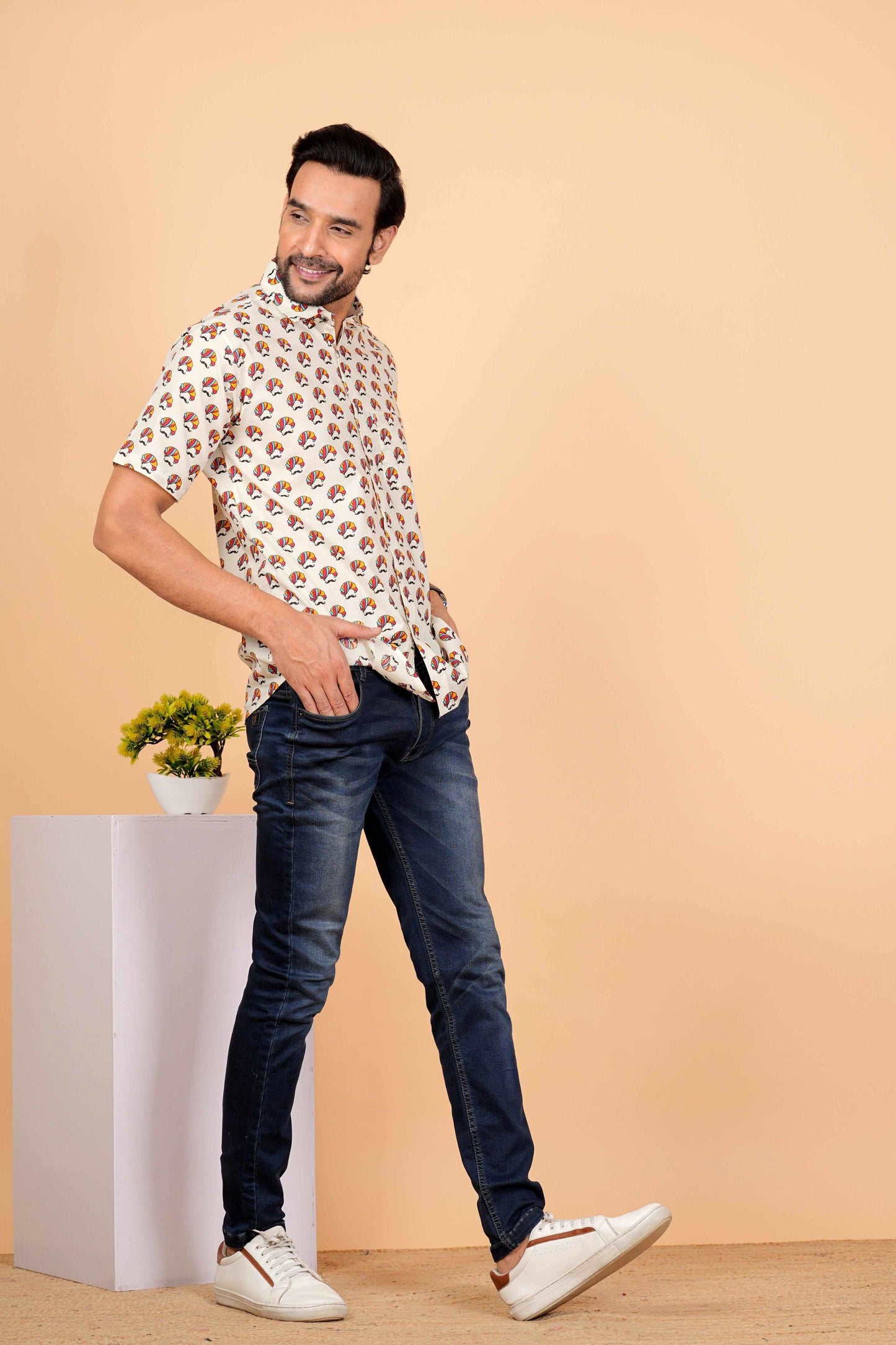 Multi Color Pagdi Printed White Half Sleeves shirt for Men