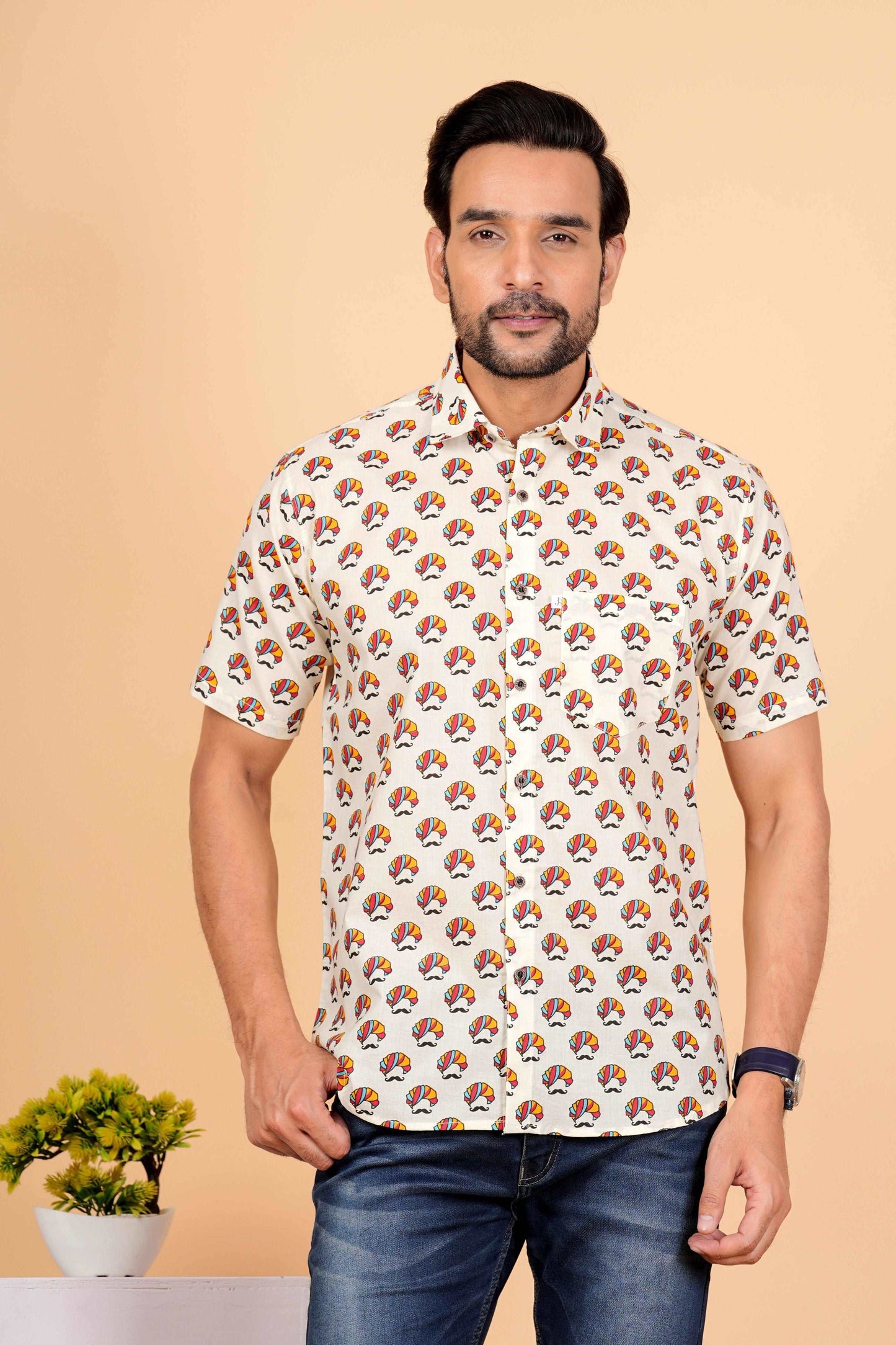 Multi Color Pagdi Printed White Half Sleeves shirt for Men