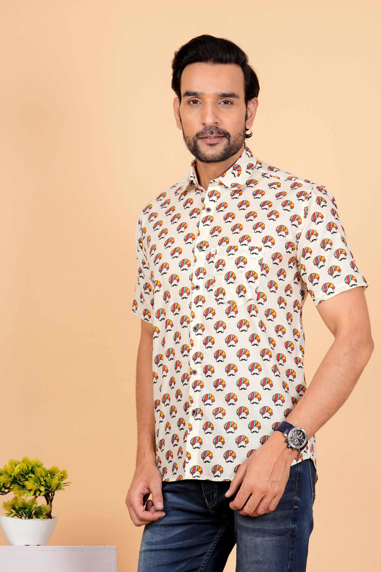 Multi Color Pagdi Printed White Half Sleeves shirt for Men