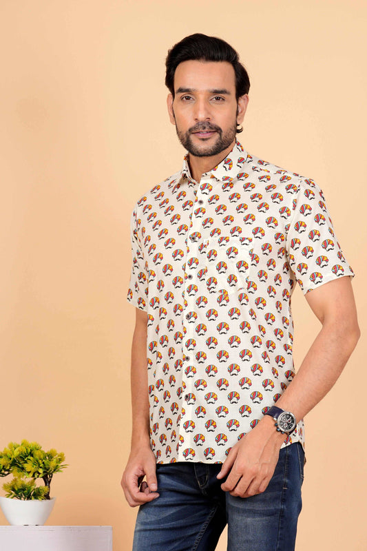 Multi Color Pagdi Printed White Half Sleeves shirt for Men