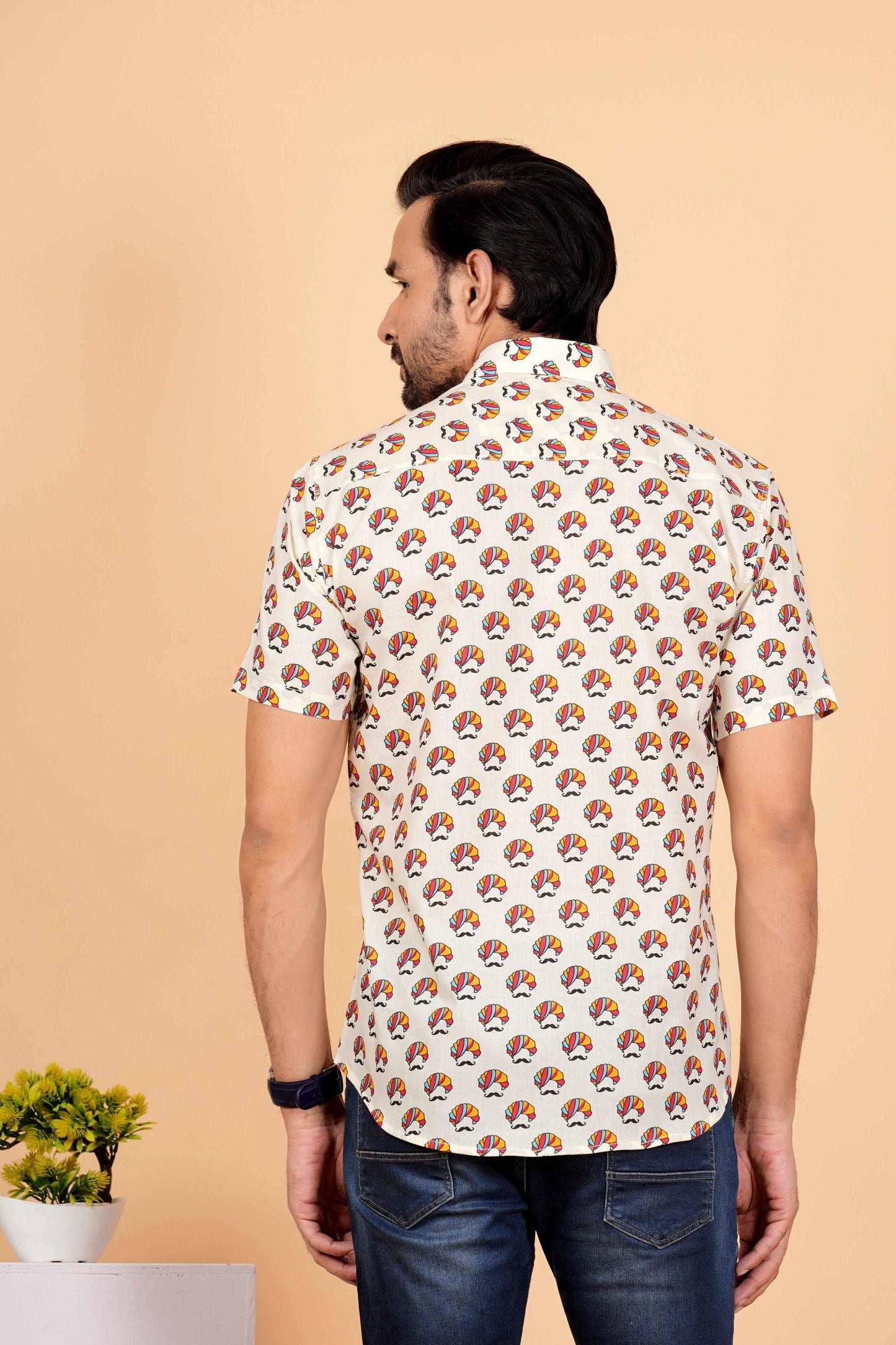 Multi Color Pagdi Printed White Half Sleeves shirt for Men