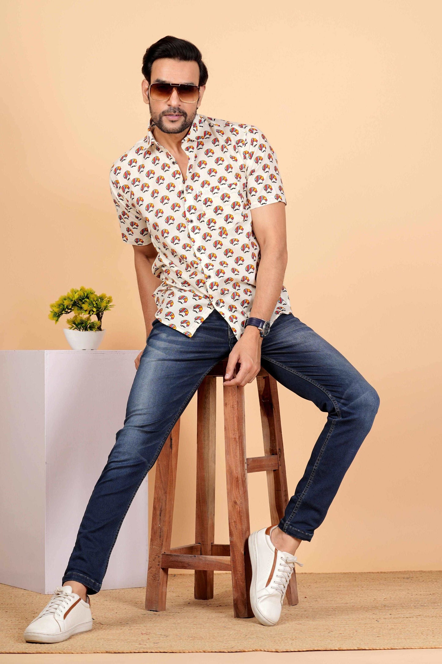 Multi Color Pagdi Printed White Half Sleeves shirt for Men