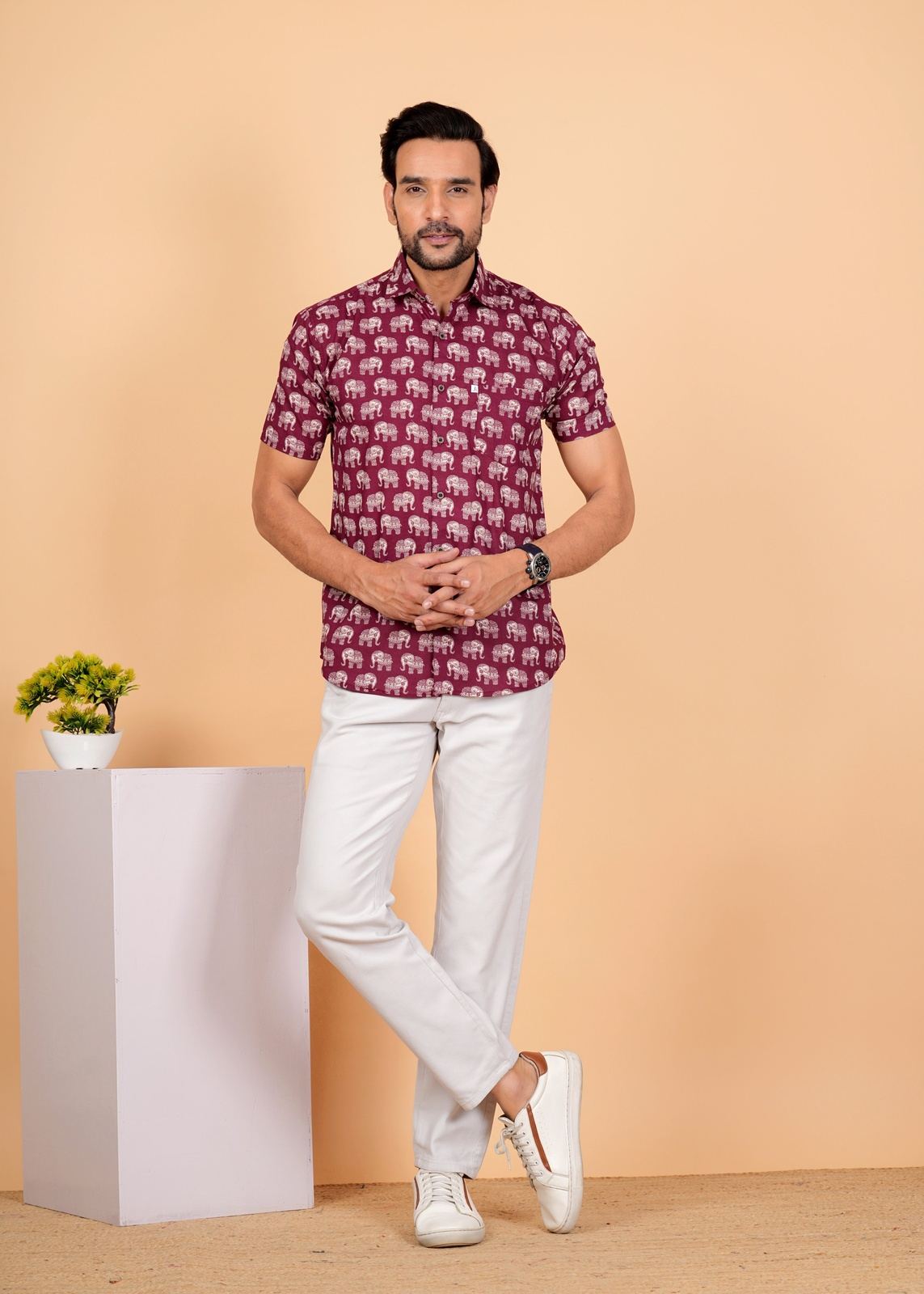 Maroon and White Elephant Block Printed Cotton Shirt For Men's