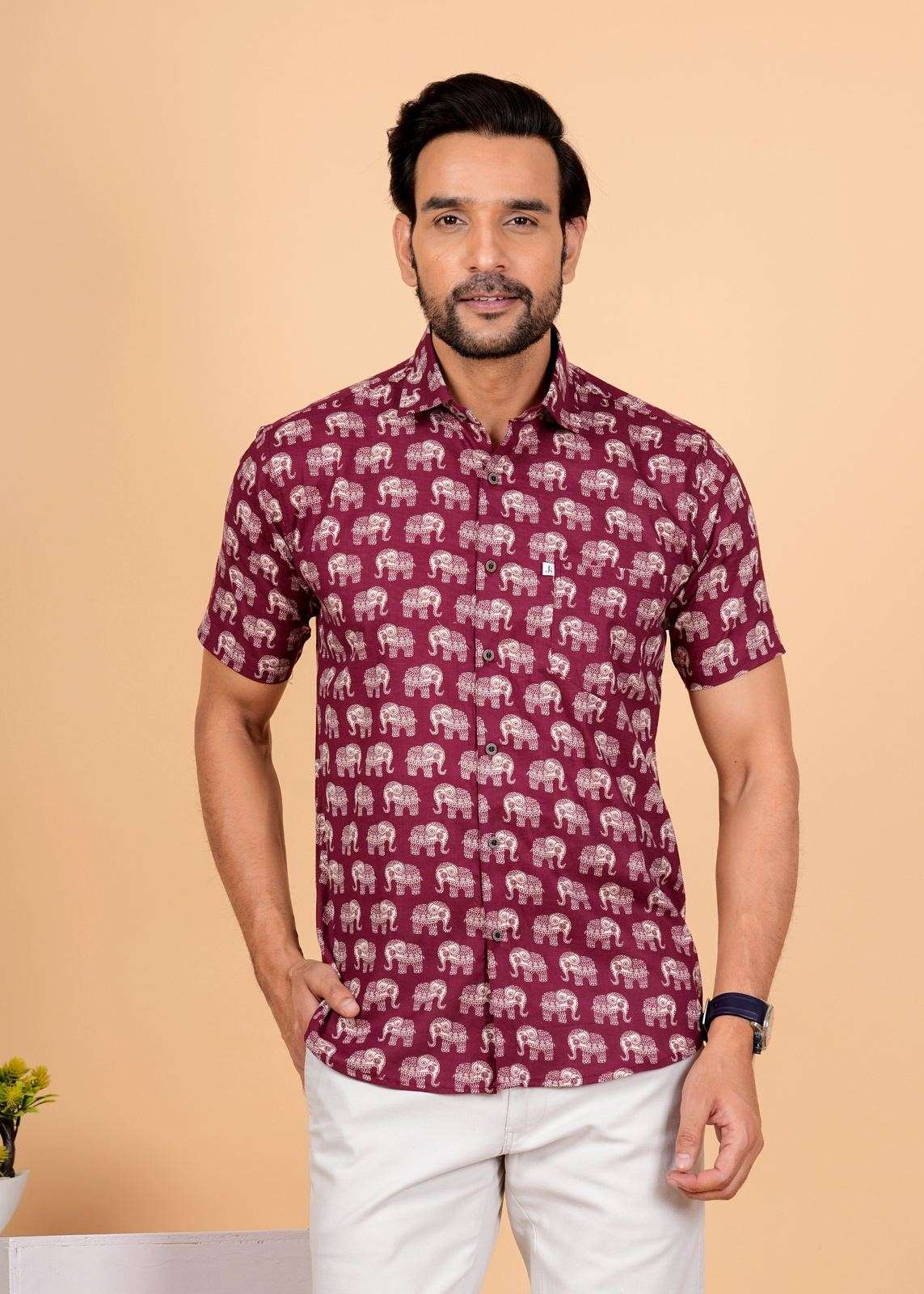 Marron and White Elephant Block Printed Cotton Shirt For Men's