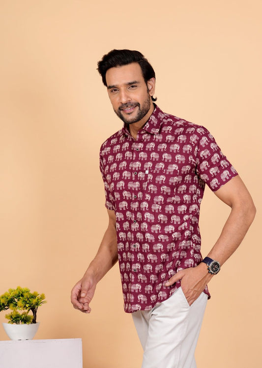 Maroon and White Elephant Block Printed Cotton Shirt For Men's