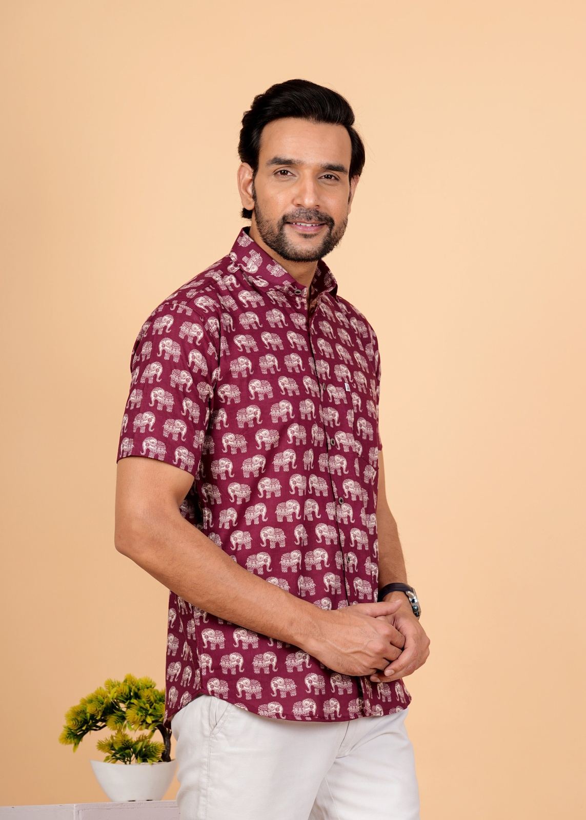 Maroon and White Elephant Block Printed Cotton Shirt For Men's