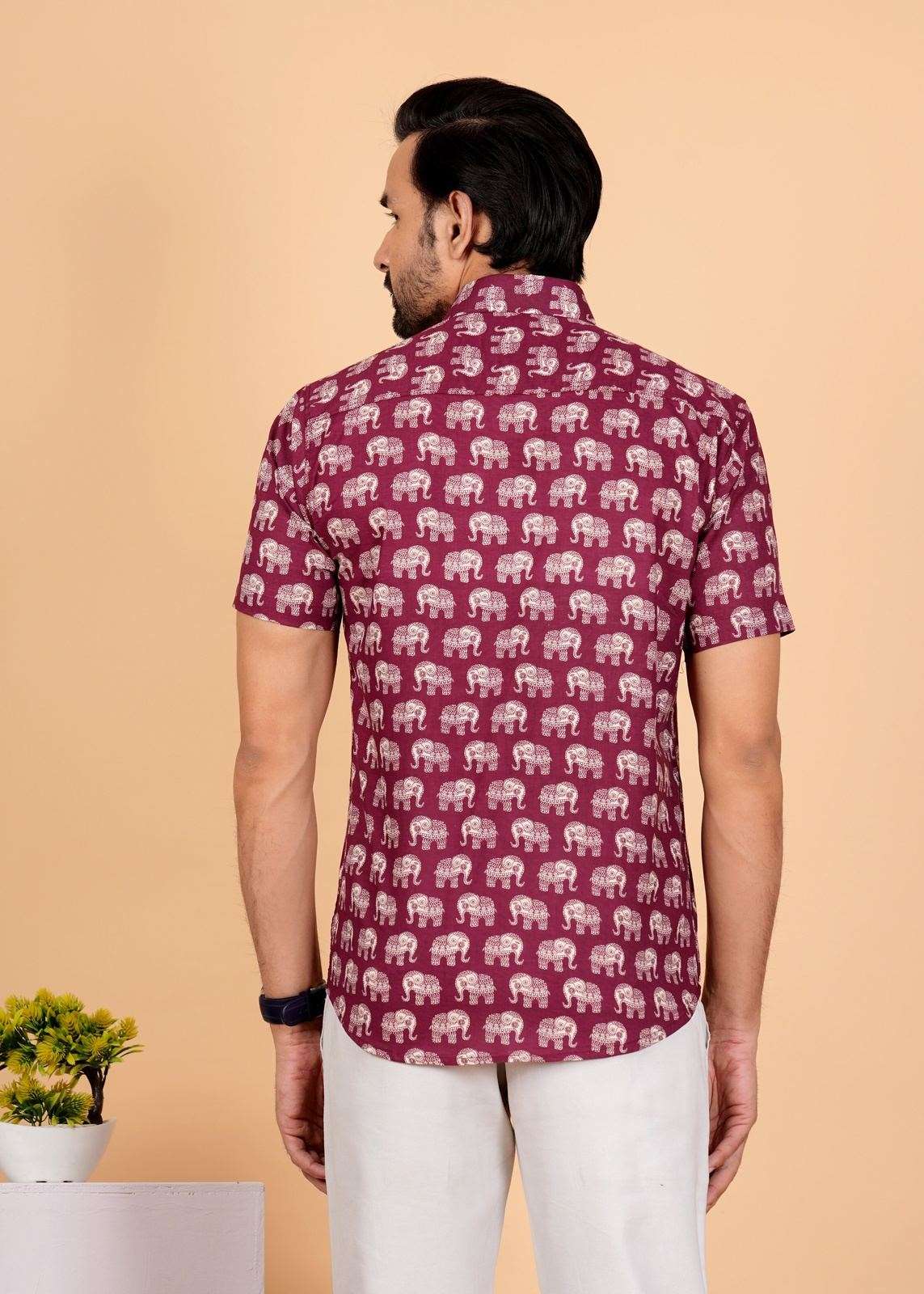 Marron and White Elephant Block Printed Cotton Shirt For Men's