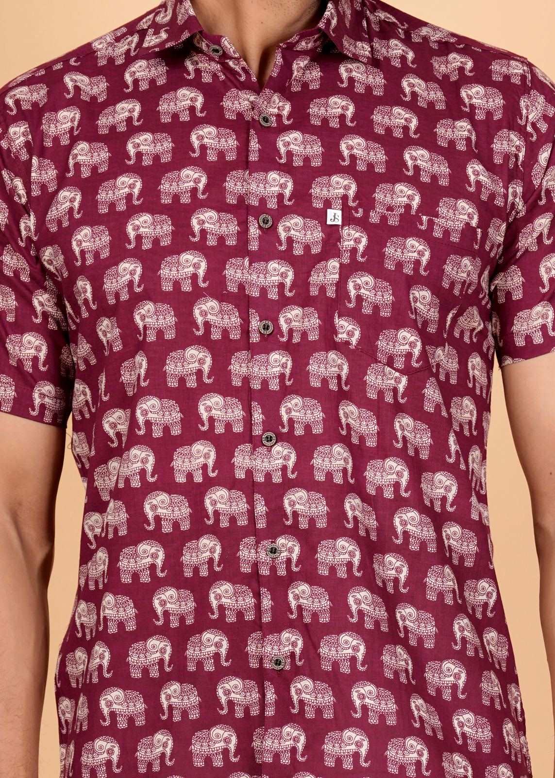 Marron and White Elephant Block Printed Cotton Shirt For Men's