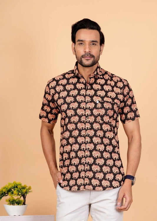 Black Elephant Printed Half Sleeves Shirt for Men