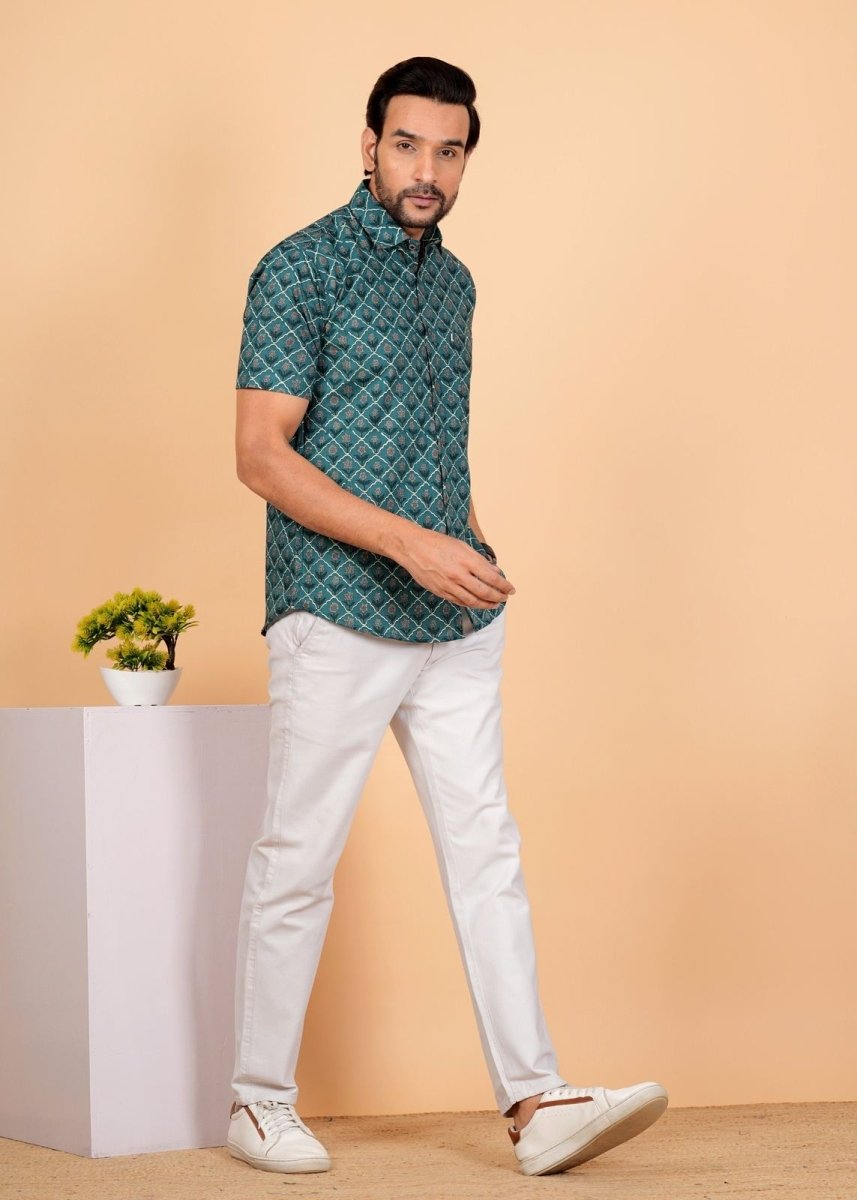 Bottle Green Ajrakh Printed Half Sleeves Cotton Shirt