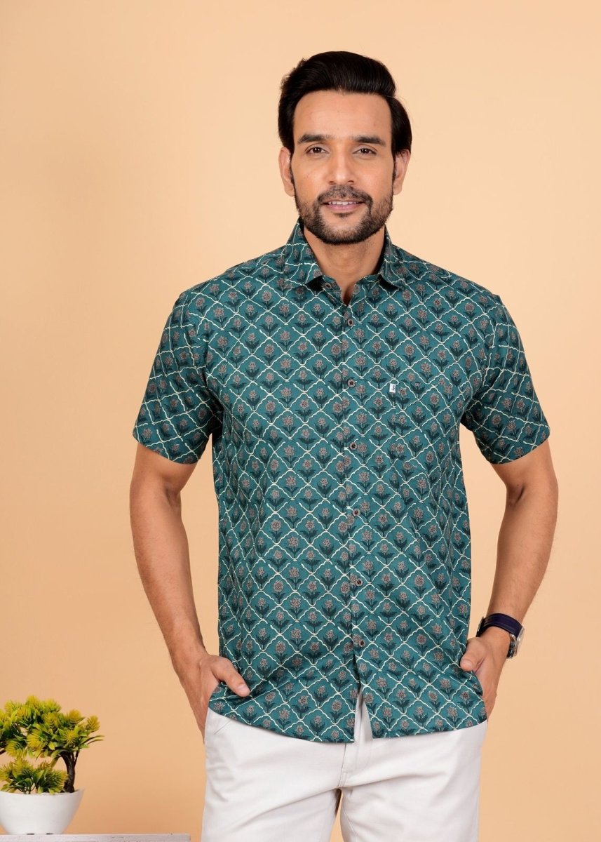 Bottle Green Ajrakh Printed Half Sleeves Cotton Shirt