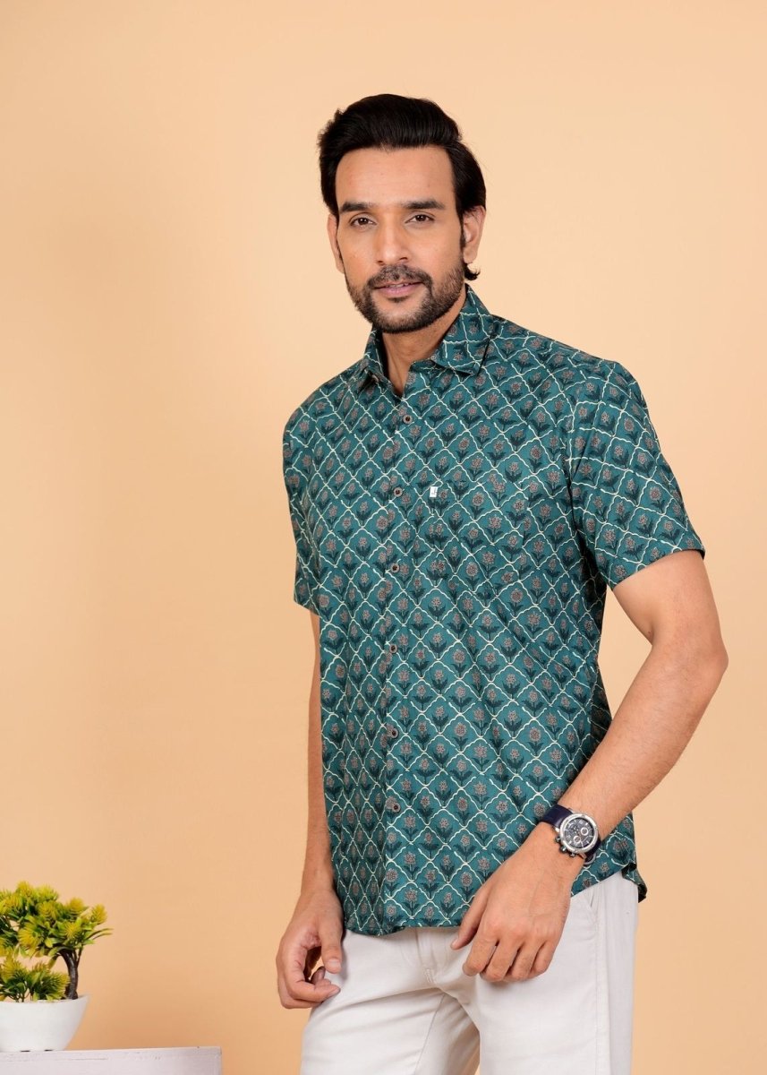 Bottle Green Ajrakh Printed Half Sleeves Cotton Shirt