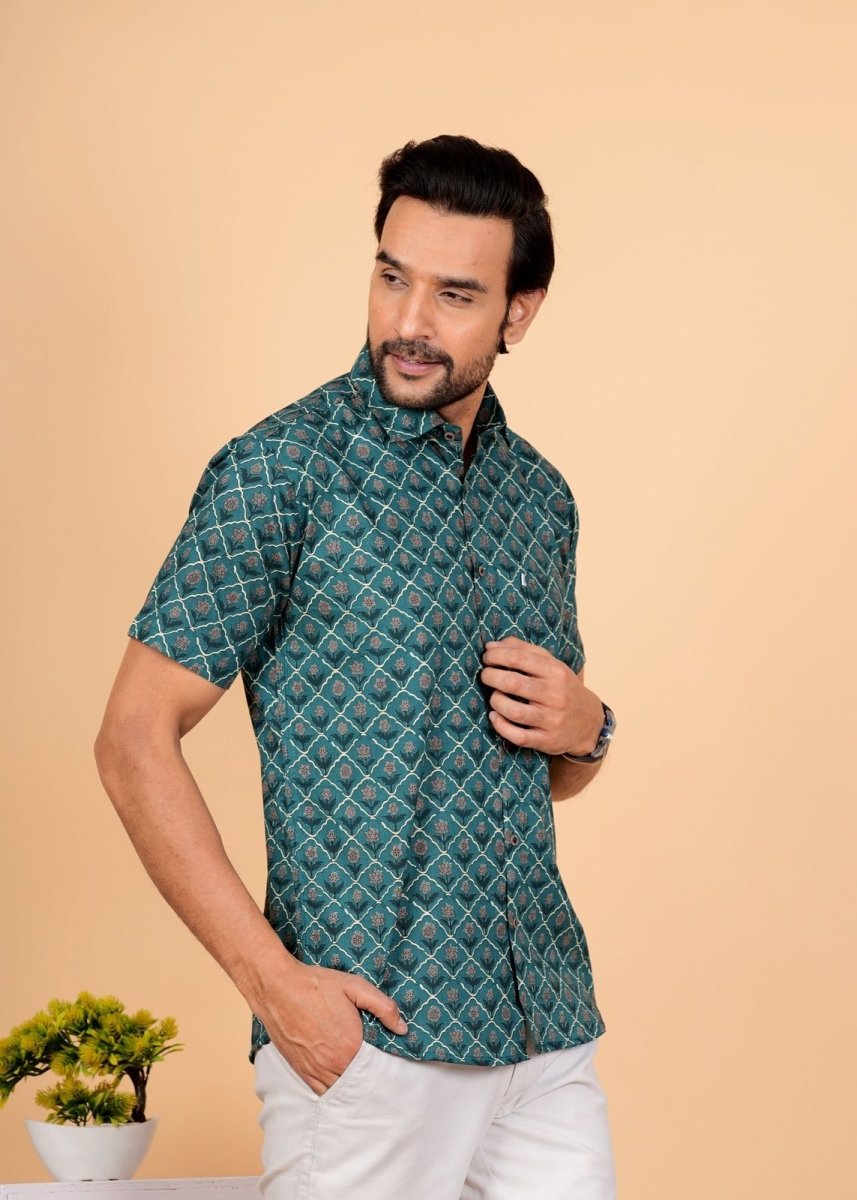 Bottle Green Ajrakh Printed Half Sleeves Cotton Shirt