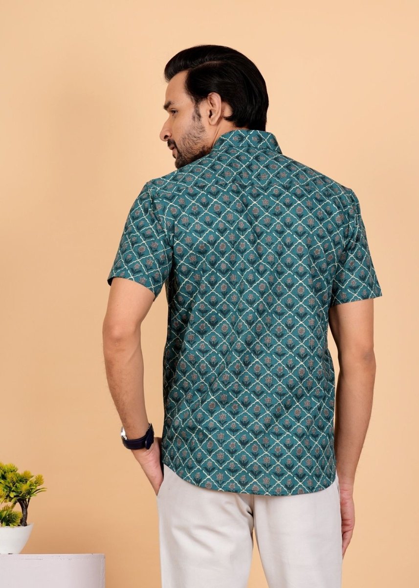 Bottle Green Ajrakh Printed Half Sleeves Cotton Shirt