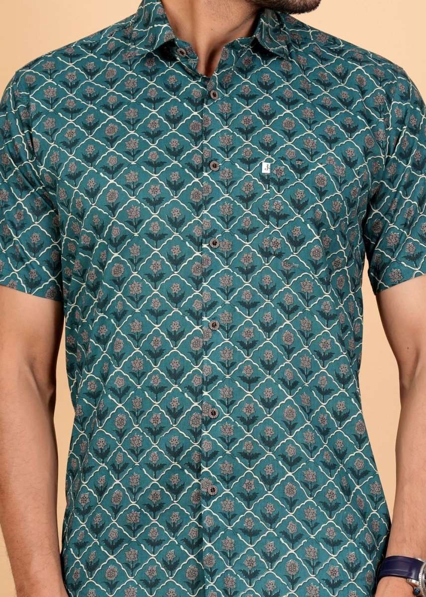 Bottle Green Ajrakh Printed Half Sleeves Cotton Shirt