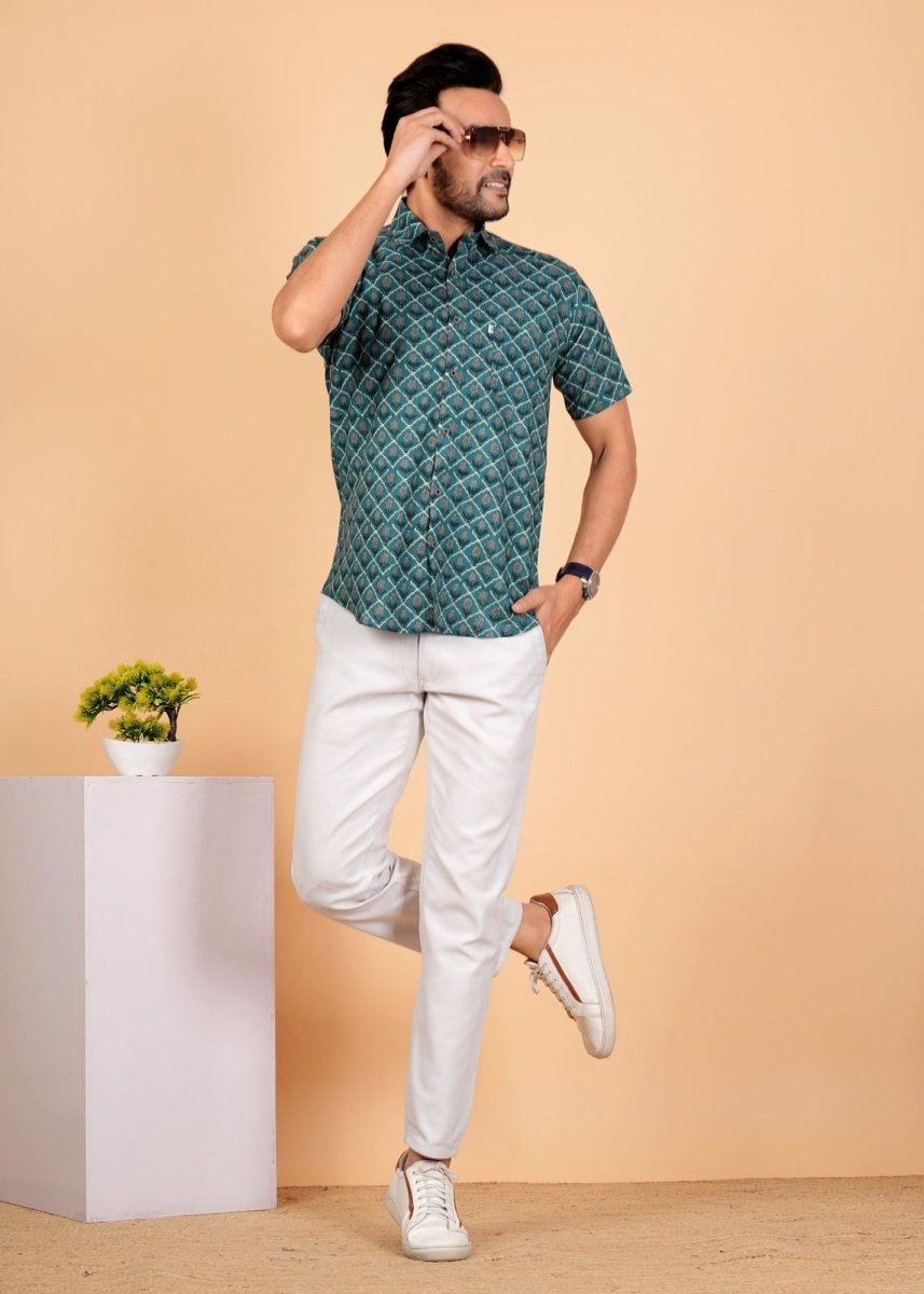 Bottle Green Ajrakh Printed Half Sleeves Cotton Shirt