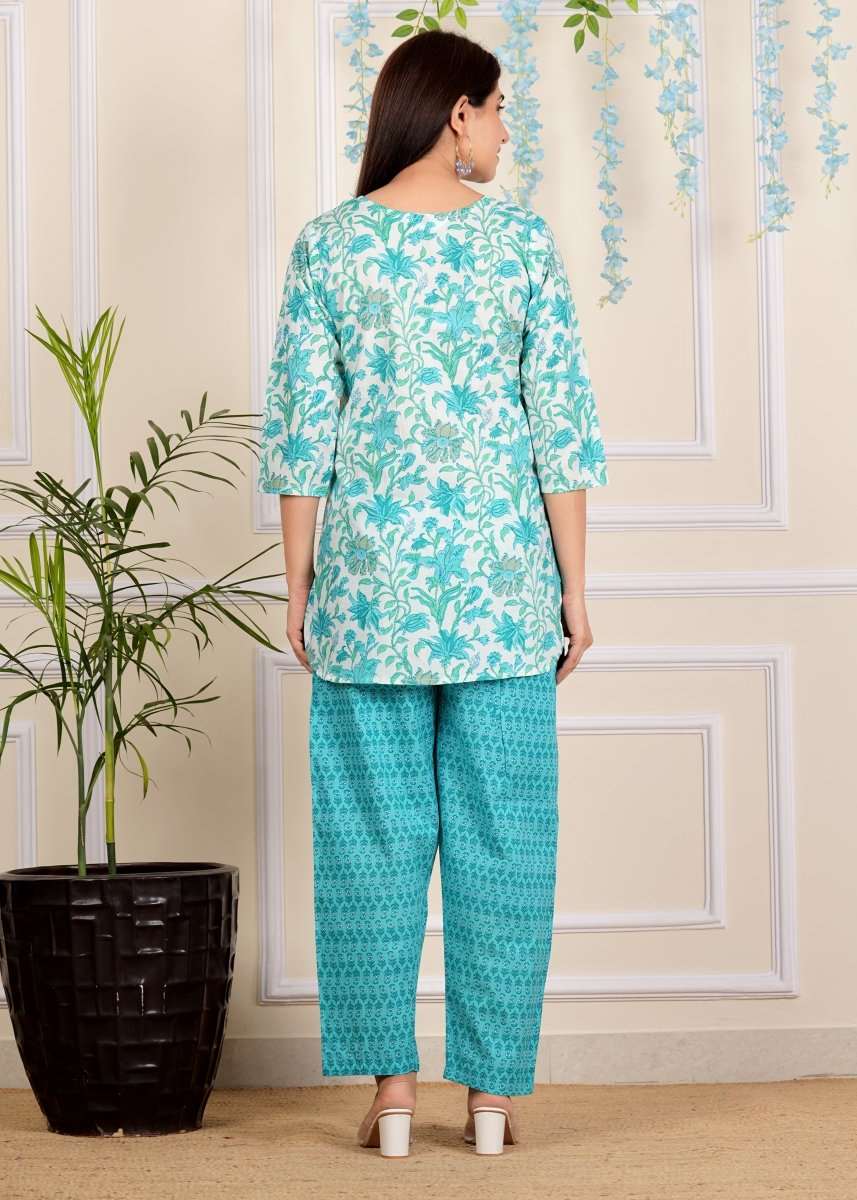 Blue Floral Cotton printed Co-Ord set for Women