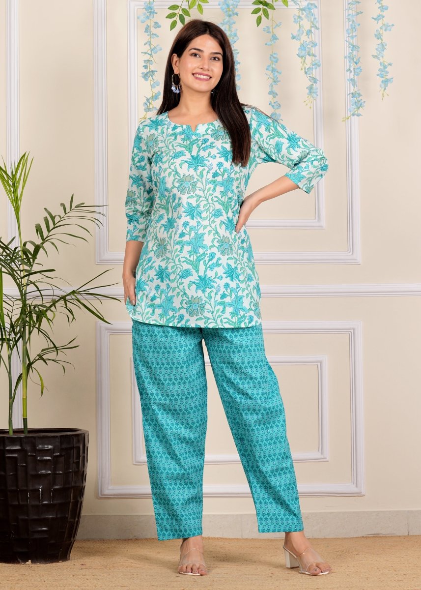 Blue Floral Cotton printed Co-Ord set for Women