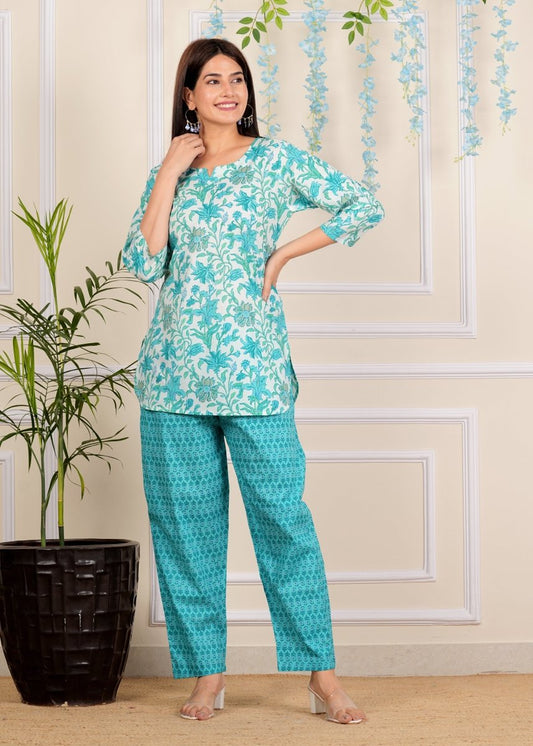 Blue Floral Cotton printed Co-Ord set for Women